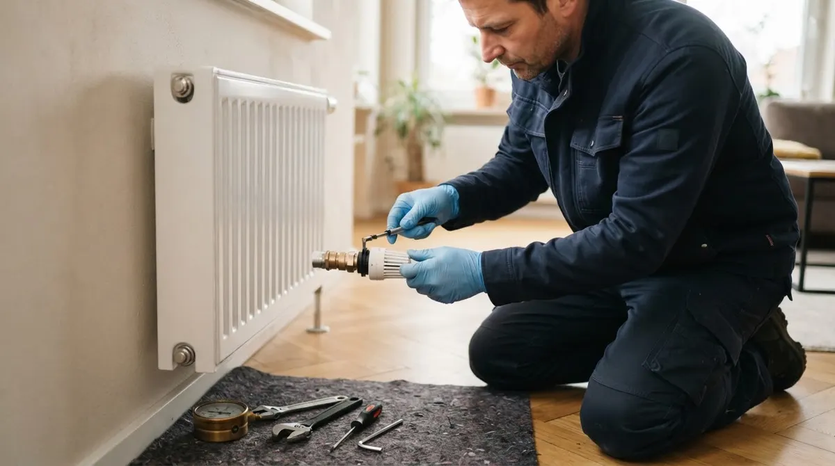 Heizungstechniker stellt das Thermostatventil eines Heizkörpers ein