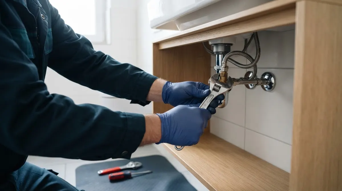Installateur zieht Eckventil und Anschlussschlauch unter einem Waschtisch fest