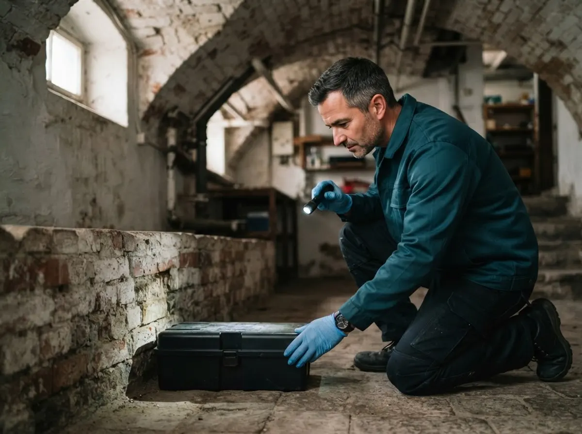 Schädlingsbekämpfer von Hansewerk Solution kontrolliert eine Köderstation im Keller