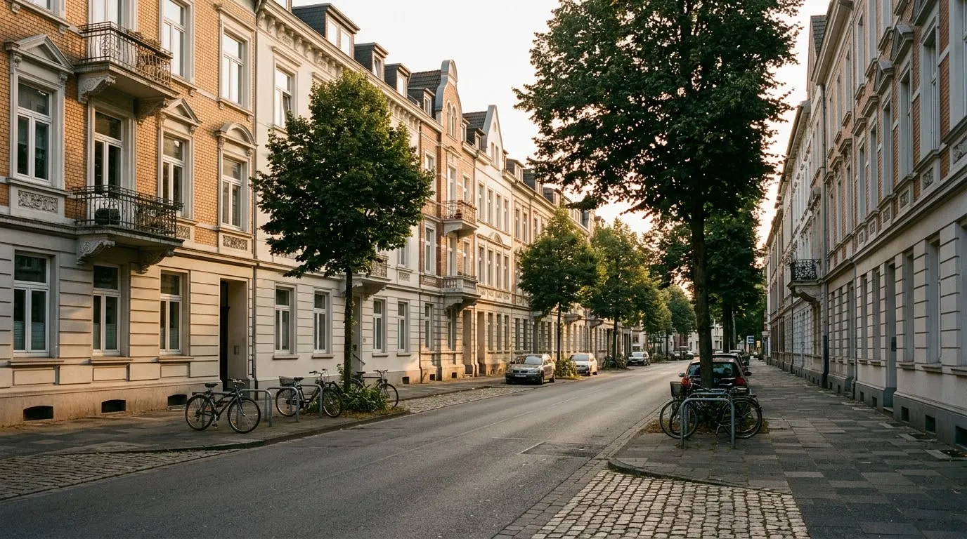 Wohnstraße mit sanierten Altbauten im Abendlicht