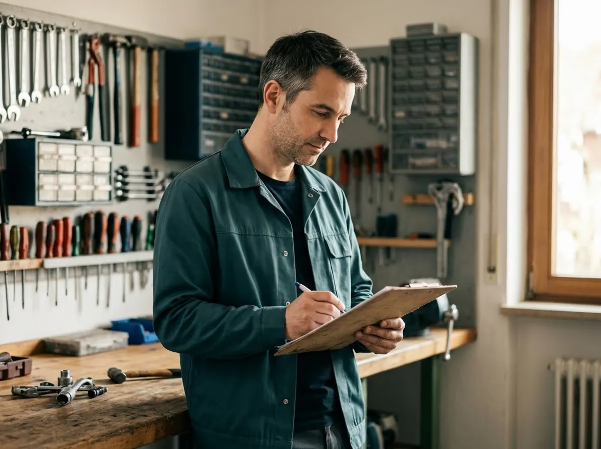 Techniker von Hansewerk Solution prüft eine Checkliste in der Werkstatt